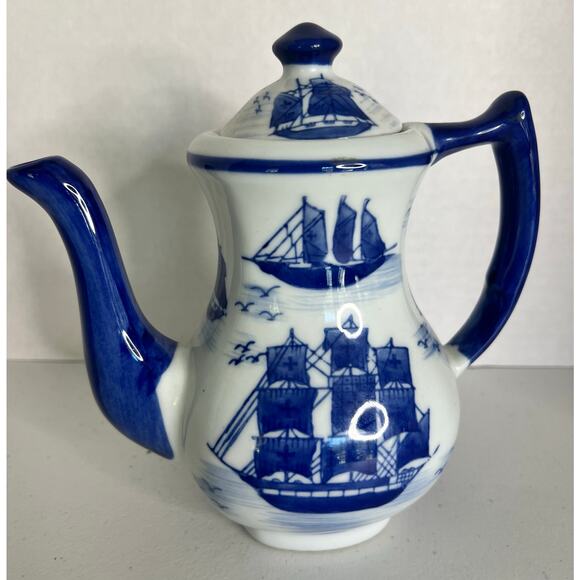 Vintage China Blue Teapot Mann Japan Nautical Ship Blue White Porcelain